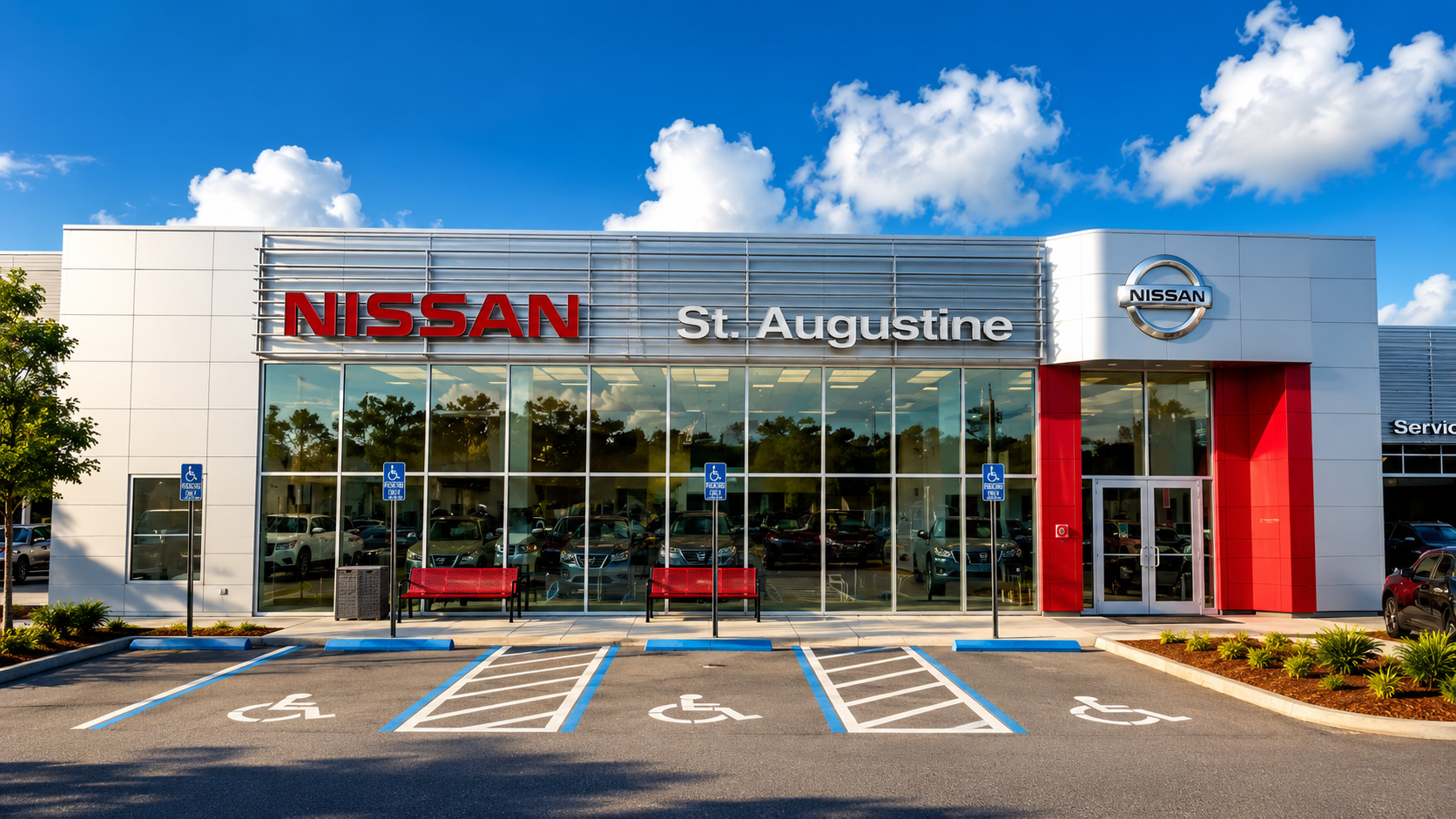 Exterior of Nissan of St. Augustine dealership showing the main building and Nissan signage in St. Augustine, Florida